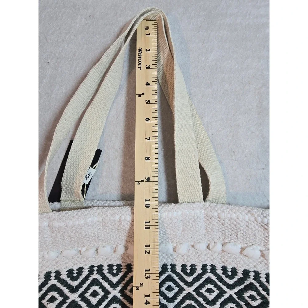 Raj XL Women Woven Cotton Boho Tote Bag Green White Geometric Fringe Pom Pom NEW